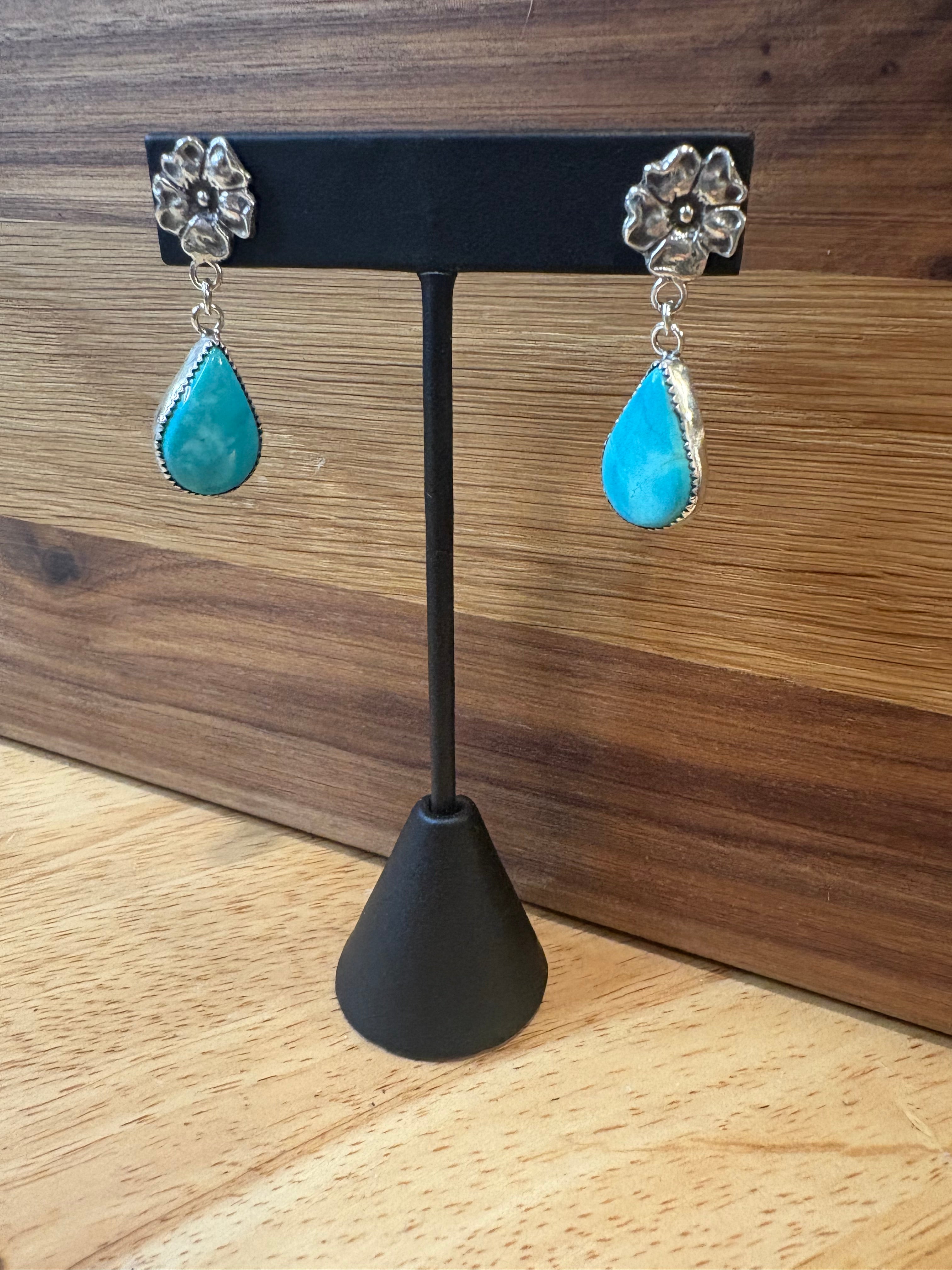 Glacier Blue Turquoise, Flower Dangle Earrings